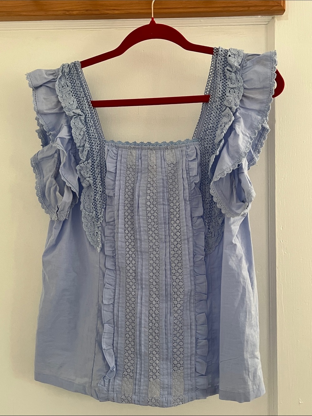 Boheme Light Blue Ruffled Crochet-Trim Tank